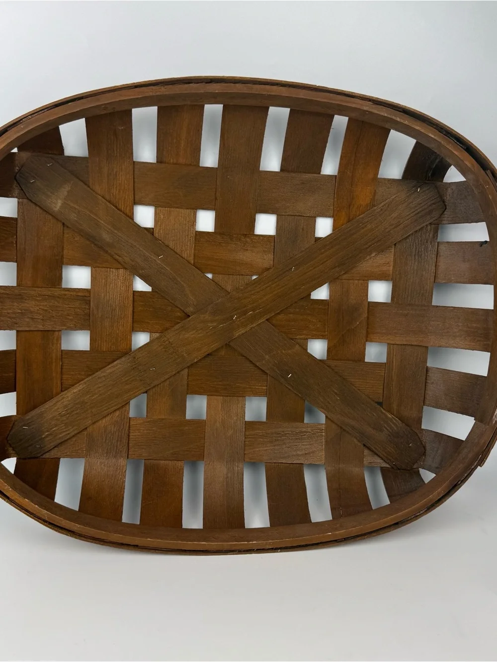 Woven Wood Tobacco Oval Basket Tray Rustic Farmhouse Vtg Style Brown 15.5”x19.5”